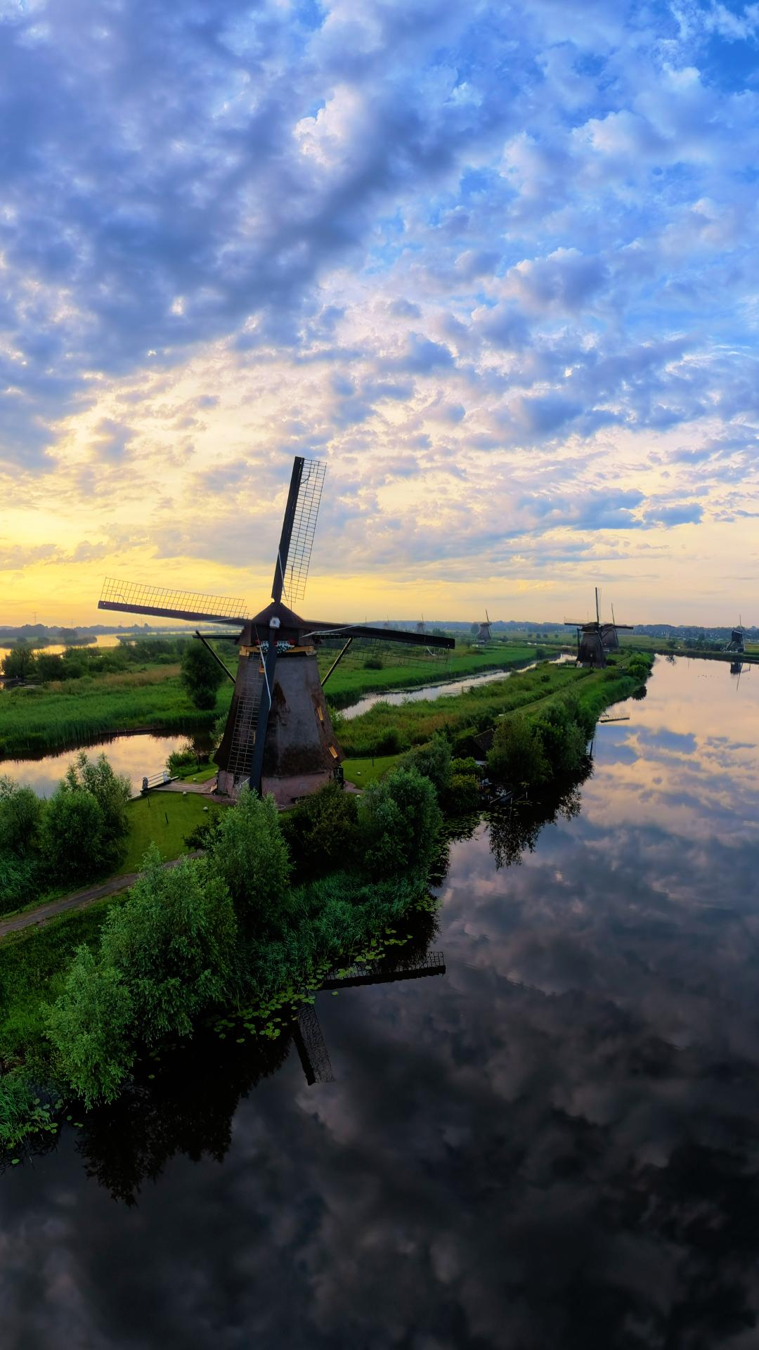Kinderdijk windmill reflection aerial shot